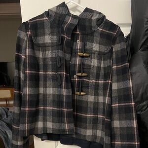 Abercrombie & Fitch Charcoal and Pink Plaid Toggle Pea Coat